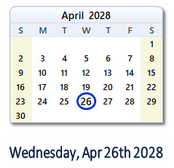 April 26, 2028 calendar