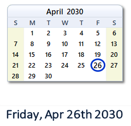 April 26, 2030 calendar