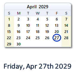 April 27, 2029 calendar