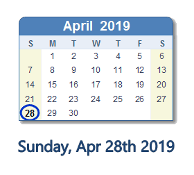April 28, 2019 calendar