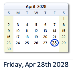 April 28, 2028 calendar