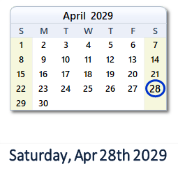 April 28, 2029 calendar