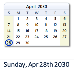 April 28, 2030 calendar