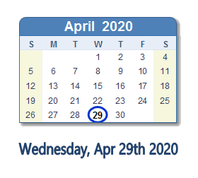 April 29, 2020 calendar