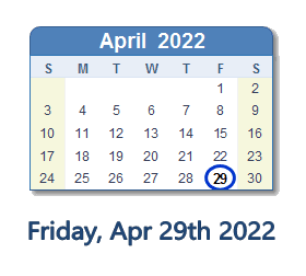 April 29, 2022 calendar