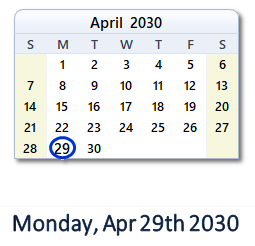 April 29, 2030 calendar
