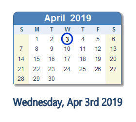 April 3, 2019 calendar