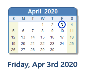April 3, 2020 calendar