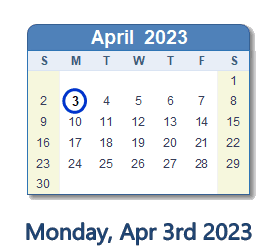 April 3, 2023 calendar