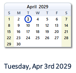 April 3, 2029 calendar