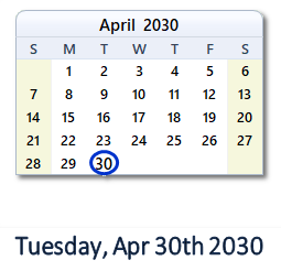 April 30, 2030 calendar