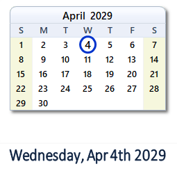 April 4, 2029 calendar