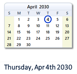 April 4, 2030 calendar