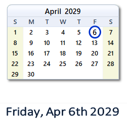 April 6, 2029 calendar