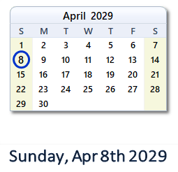 April 8, 2029 calendar