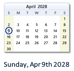 April 9, 2028 calendar