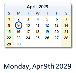 April 9, 2029 calendar