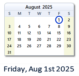 1 August 2025 calendar