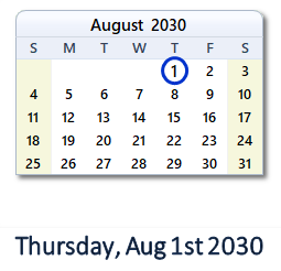 August 1, 2030 calendar