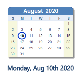 August 10, 2020 calendar