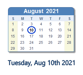 10 August 2021 calendar
