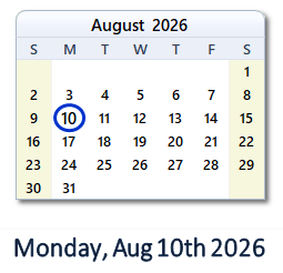 10 August 2026 calendar