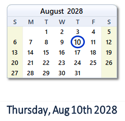 August 10, 2028 calendar