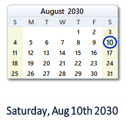 August 10, 2030 calendar
