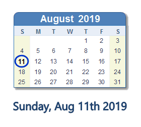 August 11, 2019 calendar