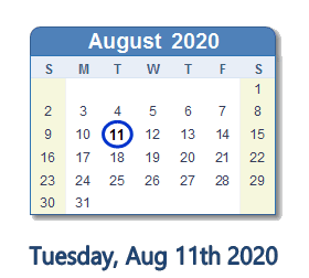 August 11, 2020 calendar