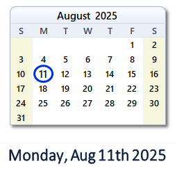 11 August 2025 calendar