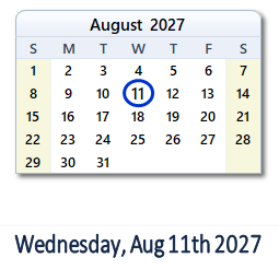 August 11, 2027 calendar