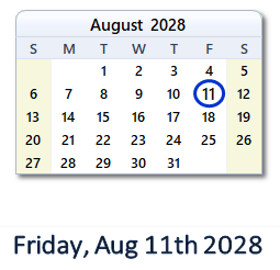 August 11, 2028 calendar