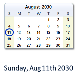 August 11, 2030 calendar