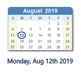 August 12, 2019 calendar