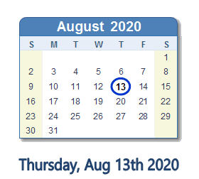 August 13, 2020 calendar