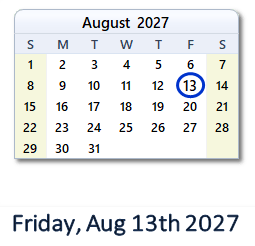 August 13, 2027 calendar
