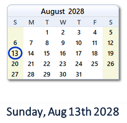 August 13, 2028 calendar