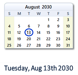 August 13, 2030 calendar