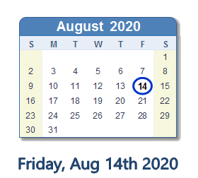 August 14, 2020 calendar