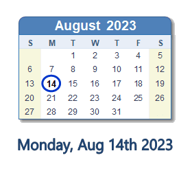 August 14, 2023 Calendar with Holidays & Count Down - USA