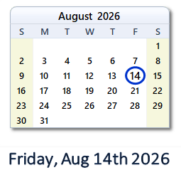 14 August 2026 calendar