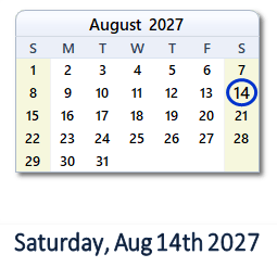 August 14, 2027 calendar