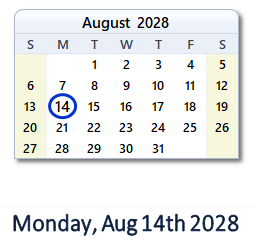 August 14, 2028 calendar
