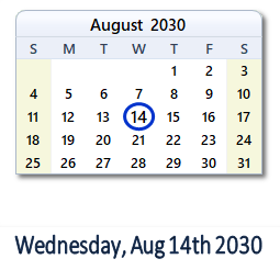 August 14, 2030 calendar