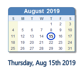 August 15, 2019 calendar
