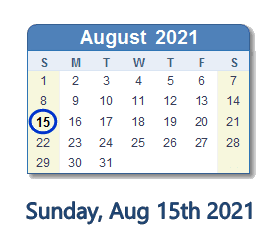August 15, 2021 calendar