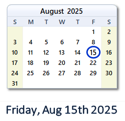 15 August 2025 calendar