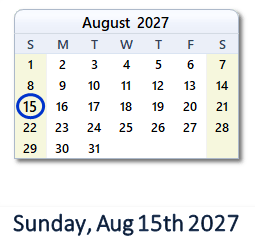 15 August 2027 calendar