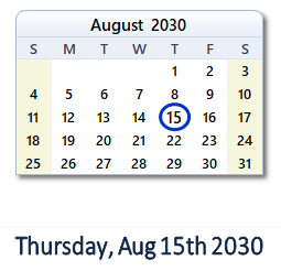 August 15, 2030 calendar